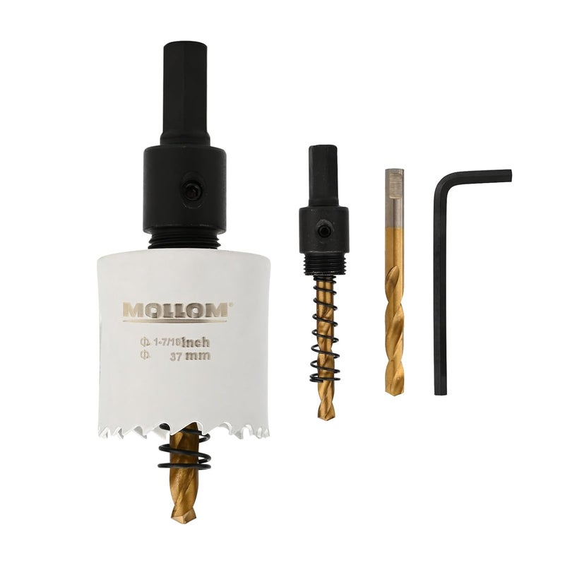 Mollom (37mm | 1-7/16") HSS M42 with 8% Cobalt BI-Metal Hole Saw with 2 Pilot Drill Bits & Arbor Smooth Cutting for PVC,Drywall,Wood,Plastic,Gypsum Board,Rubber - Image 1